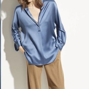 Vince | Silk Charmeuse Band Collar Blouse in “Azurite” Blue | Like New